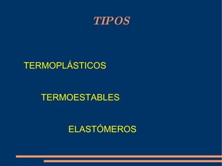 TIPOS TERMOPLÁSTICOS TERMOESTABLES ELASTÓMEROS 
