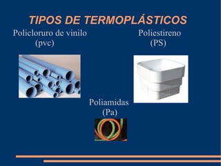 TIPOS DE TERMOPLÁSTICOS  Policloruro de vinilo  Poliestireno (pvc)  (PS) Poliamidas (Pa) 