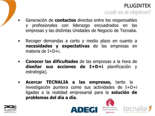 PLUGINTEK ¿cuál es el objetivo? Generación de  contactos  directos entre los responsables y profesionales con liderazgo encuadrados en las empresas y las distintas Unidades de Negocio de Tecnalia.  Recoger demandas a corto y medio plazo en cuanto a  necesidades y expectativas  de las empresas en materia de I+D+i.  Conocer las dificultades  de las empresas a la hora de  diseñar sus acciones de I+D+i  planificación y estrategia).  Acercar TECNALIA a las empresas,  tanto la  investigación puntera como sus actividades de I+D+i ligadas a la realidad empresarial para la  solución de problemas del día a día .  