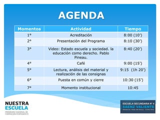 Momentos Actividad Tiempo
1° Acreditación 8:00 (10’)
2° Presentación del Programa 8:10 (30’)
3° Video: Estado escuela y sociedad. la
educación como derecho. Pablo
Pineau.
8:40 (20’)
4° Café 9:00 (15’)
5° Lectura, análisis del material y
realización de las consignas
9:15 (1h 20’)
6° Puesta en común y cierre 10:30 (15’)
7° Momento institucional 10:45
AGENDA
 