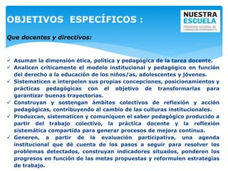 OBJETIVOS ESPECÍFICOS :
Que docentes y directivos:
 Asuman la dimensión ética, política y pedagógica de la tarea docente.
 Analicen críticamente el modelo institucional y pedagógico en función
del derecho a la educación de los niños/as, adolescentes y jóvenes.
 Sistematicen e interpelen sus propias concepciones, posicionamientos y
prácticas pedagógicas con el objetivo de transformarlas para
garantizar buenas trayectorias.
 Construyan y sostengan ámbitos colectivos de reflexión y acción
pedagógicas, contribuyendo al cambio de las culturas institucionales.
 Produzcan, sistematicen y comuniquen el saber pedagógico producido a
partir del trabajo colectivo, la práctica docente y la reflexión
sistemática compartida para generar procesos de mejora continua.
 Generen, a partir de la evaluación participativa, una agenda
institucional que dé cuenta de los pasos a seguir para resolver los
problemas detectados, construyan indicadores situados, ponderen los
progresos en función de las metas propuestas y reformulen estrategias
de trabajo.
 