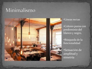 Decoración vanguardista, a base de líneas rectas, mucho sentido del minimalismo y colores planos. Minimalismo.COFFEE-RESTAURANT LA SEDE (Madrid).