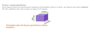 Formas o cuerpos geométricos.
Estas figuras tienen tres dimensiones (longitud, profundidad y altura), es decir, son figuras que tienen volumen.
Por ello, podemos decir que ocupan un lugar en el espacio.
Principales tipos de figuras geométricas sólidas
Poliedros
 