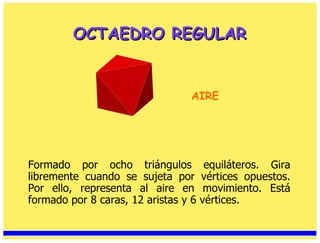 OCTAEDRO REGULAR Formado por ocho triángulos equiláteros. Gira libremente cuando se sujeta por vértices opuestos. Por ello, representa al aire en movimiento. Está formado por 8 caras, 12 aristas y 6 vértices. AIRE 