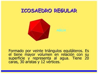 ICOSAEDRO REGULAR Formado por veinte triángulos equiláteros. Es el tiene mayor volumen en relación con su superficie y representa al agua. Tiene 20 caras, 30 aristas y 12 vértices. AGUA 