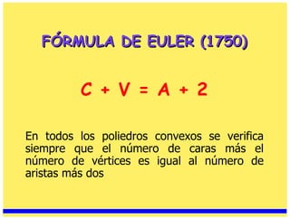 FÓRMULA DE EULER (1750) En todos los poliedros convexos se verifica siempre que el número de caras más el número de vértices es igual al número de aristas más dos C + V = A + 2 