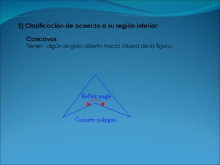 3) Clasificación de acuerdo a su región interior: Concavos Tienen  algún angulo abierto hacia afuera de la figura. 