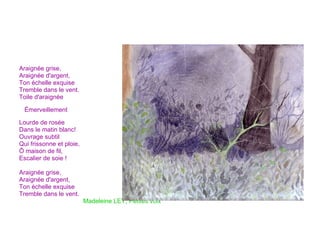 Araignée grise, Araignée d'argent, Ton échelle exquise Tremble dans le vent. Toile d'araignée Émerveillement  Lourde de rosée Dans le matin blanc! Ouvrage subtil Qui frissonne et ploie, Ô maison de fil, Escalier de soie ! Araignée grise, Araignée d'argent, Ton échelle exquise Tremble dans le vent. Madeleine LEY,  Petites voix 