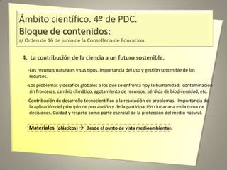 Ámbito científico. 4º de PDC.
Bloque de contenidos:
s/ Orden de 16 de junio de la Conselleria de Educación.
4. La contribución de la ciencia a un futuro sostenible.
-Los recursos naturales y sus tipos. Importancia del uso y gestión sostenible de los
recursos.
-Los problemas y desafíos globales a los que se enfrenta hoy la humanidad: contaminación
sin fronteras, cambio climático, agotamiento de recursos, pérdida de biodiversidad, etc.
-Contribución de desarrollo tecnocientífico a la resolución de problemas. Importancia de
la aplicación del principio de precaución y de la participación ciudadana en la toma de
decisiones. Cuidad y respeto como parte esencial de la protección del medio natural.
Materiales (plásticos)  Desde el punto de vista medioambiental.
 