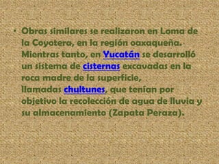 • Obras similares se realizaron en Loma de
la Coyotera, en la región oaxaqueña.
Mientras tanto, en Yucatán se desarrolló
un sistema de cisternas excavadas en la
roca madre de la superficie,
llamadas chultunes, que tenían por
objetivo la recolección de agua de lluvia y
su almacenamiento (Zapata Peraza).
 