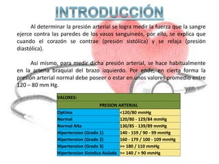 Al determinar la presión arterial se logra medir la fuerza que la sangre
ejerce contra las paredes de los vasos sanguíneos, por ello, se explica que
cuando el corazón se contrae (presión sistólica) y se relaja (presión
diastólica).
Así mismo, para medir dicha presión arterial, se hace habitualmente
en la arteria braquial del brazo izquierdo. Por ende, en cierta forma la
presión arterial normal debe poseer o estar en unos valores promedio entre
120 – 80 mm Hg.
VALORES:
PRESION ARTERIAL
Optima <120/80 mmHg
Normal 120/80 - 129/84 mmHg
Normal Alta 130/85 - 139/89 mmHg
Hipertension (Grado 1) 140 - 159 / 90 - 99 mmHg
Hipertension (Grado 2) 160 - 179 / 100 - 109 mmHg
Hipertension (Grado 3) >= 180 / 110 mmHg
Hipertension Sistolica Aislada >= 140 / > 90 mmHg
 