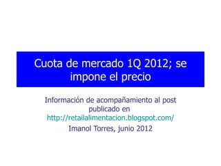 Cuota de mercado 1Q 2012; se
       impone el precio

 Información de acompañamiento al post
                publicado en
  http://retailalimentacion.blogspot.com/
         Imanol Torres, junio 2012
 