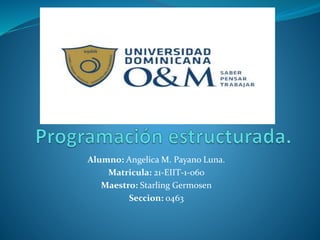 Alumno: Angelica M. Payano Luna.
Matricula: 21-EIIT-1-060
Maestro: Starling Germosen
Seccion: 0463
 