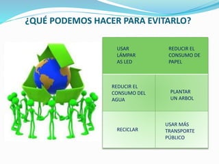 ¿QUÉ PODEMOS HACER PARA EVITARLO?
REDUCIR EL
CONSUMO DE
PAPEL
REDUCIR EL
CONSUMO DEL
AGUA
PLANTAR
UN ARBOL
RECICLAR
USAR
LÁMPAR
AS LED
USAR MÁS
TRANSPORTE
PÚBLICO
 