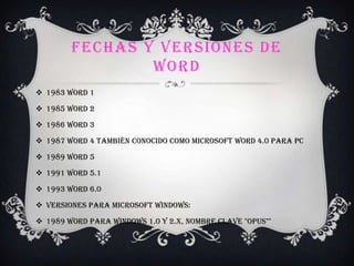 FECHAS Y VERSIONES DE
WORD
 1983 Word 1
 1985 Word 2
 1986 Word 3
 1987 Word 4 también conocido como Microsoft Word 4.0 para PC
 1989 Word 5
 1991 Word 5.1
 1993 Word 6.0
 Versiones para Microsoft Windows:
 1989 Word para Windows 1.0 y 2.x, nombre clave "Opus""
 