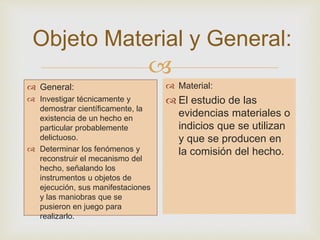 Objeto Material y General: 
 
 General: 
 Investigar técnicamente y 
demostrar científicamente, la 
existencia de un hecho en 
particular probablemente 
delictuoso. 
 Determinar los fenómenos y 
reconstruir el mecanismo del 
hecho, señalando los 
instrumentos u objetos de 
ejecución, sus manifestaciones 
y las maniobras que se 
pusieron en juego para 
realizarlo. 
 Material: 
 El estudio de las 
evidencias materiales o 
indicios que se utilizan 
y que se producen en 
la comisión del hecho. 
 