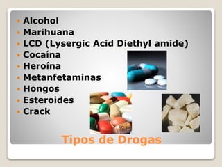 Tipos de Drogas
 Alcohol
 Marihuana
 LCD (Lysergic Acid Diethyl amide)
 Cocaína
 Heroína
 Metanfetaminas
 Hongos
 Esteroides
 Crack
 
