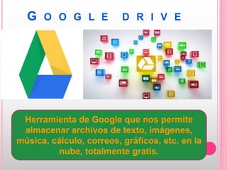 G O O G L E D R I V E
Herramienta de Google que nos permite
almacenar archivos de texto, imágenes,
música, cálculo, correos, gráficos, etc. en la
nube, totalmente gratis.
 