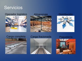 Servicios
Operador logístico Almacenaje Distribución
PaqueteríaCarga fracionadaCarga completa
 