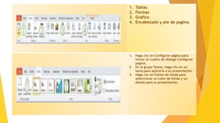 1. Tablas
2. Formas
3. Grafico
4. Encabezado y pie de pagina
1. Haga clic en Configurar página para
iniciar el cuadro de diálogo Configurar
página.
2. En el grupo Temas, haga clic en un
tema para aplicarlo a su presentación.
3. Haga clic en Estilos de fondo para
seleccionar un color de fondo y un
diseño para su presentación.
 