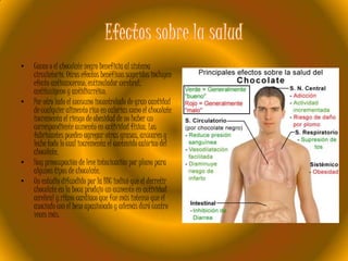 •

•

•
•

Cacao o el chocolate negro beneficia al sistema
circulatorio. Otros efectos benéficos sugeridos incluyen
efecto anticanceroso, estimulador cerebral,
antitusígeno y antidiarréico.
Por otro lado el consumo incontrolado de gran cantidad
de cualquier alimento rico en calorías como el chocolate
incrementa el riesgo de obesidad de no haber un
correspondiente aumento en actividad física. Los
fabricantes pueden agregar otras grasas, azúcares y
leche todo lo cual incrementa el contenido calórico del
chocolate.
Hay preocupación de leve intoxicación por plomo para
algunos tipos de chocolate.
Un estudio difundido por la BBC indicó que el derretir
chocolate en la boca produjo un aumento en actividad
cerebral y ritmo cardíaco que fue más intenso que el
asociado con el beso apasionado y además duró cuatro
veces más.

 