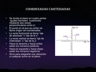 COOrdEnAdAs CArTEsIAnAs
•

•
•
•
•
•
•

Se divide el plano en cuatro partes
iguales llamados cuadrantes
mediante dos rectas
perpendiculares entre sí.
El punto en el que se cortan se
llama origen de coordenadas.
La recta horizontal se llama “eje
de abscisas” o “eje de la x”.
La recta vertical se llama “eje de
ordenadas” o “eje de la y”.
Hacia la derecha y hacia arriba
están los números positivos.
Hacia la izquierda y hacia abajo
están los números negativos.
Sirve para asignarle una ubicación
a cualquier punto en el plano.

 