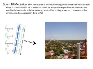 Down Til Mecánico: El til representa la inclinación o ángulo de antena en relación con
el eje. Es la inclinación de la antena a través de accesorios específicos en la misma sin
cambiar la base en la señal de entrada, se modifica el diagrama y en consecuencia las
direcciones de propagación de la señal
 