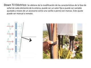 Down Til Eléctrico: Se obtiene de la modificación de las características de la fase de
señal de cada elemento de la antena, puede ser un valor fijo o puede ser variable
ajustado a traves de un accesorio como una varilla o perno con marcas. Este ajuste
puede ser manual o remoto.
 