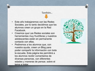 También…
• Este año trabajaremos con las Redes
Sociales, por lo tanto decidimos que los
alumnos creen un grupo en la Red
Facebook.
• Creemos que Las Redes sociales son
herramientas muy fructíferas y nuestros
adolescentes están en permanente
contacto con ellas.
• Pediremos a los alumnos que, con
nuestra ayuda, creen un Blog para
poder compartir la información con toda
la escuela. Esta página les permitirá a
los alumnos recibir comentarios de
diversas personas, con diferentes
edades y maneras de pensar, sobre el
tema a tratar.
 
