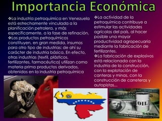 La industria petroquímica en Venezuela      La actividad de la
está estrechamente vinculada a la            petroquímica contribuye a
planificación petrolera, y más               estimular las actividades
específicamente, a la fase de refinación.    agrícolas del país, al hacer
Los productos petroquímicos                 posible una mayor
constituyen, en gran medida, insumos         productividad agropecuaria
para otro tipo de industrias: de ahí su      mediante la fabricación de
carácter de industria básica. En efecto,     fertilizantes.
otras industrias (textil, plásticos,         La fabricación de explosivos
fertilizantes, farmacéutica) utilizan como   está relacionada con la
materia prima productos derivados,           industria de la construcción,
obtenidos en la industria petroquímica       con la explotación de
                                             canteras y minas, con la
                                             construcción de carreteras y
                                             autopistas...
 