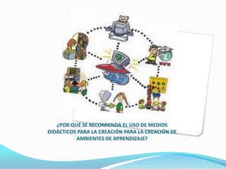 ¿POR QUÉ SE RECOMIENDA EL USO DE MEDIOS
DIDÁCTICOS PARA LA CREACIÓN PARA LA CREACIÓN DE
          AMBIENTES DE APRENDIZAJE?
 