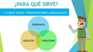 ENSEÑANZA
PUBLICIDADNEGOCIOS
¿PARA QUÉ SIRVE?
 CREAR VIDEOS Y PRESENTACIONES AUDIOVISUALES
 