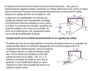 El voltaje en la terminal de entrada inversora disminuye hasta  - I 2 R S , pues la realimentación negativa tiende a mantener un voltaje diferencial nulo, como se indica. Como la terminal inversora está conectada directamente a la terminal de salida, entonces el voltaje de error en la salida se –I 2 R S .  La figura es un amplificador no inversor con voltaje de entrada nulo. Idealmente, el voltaje en la terminal inversora también es cero, como se indica. La corriente de entrada I 1  produce una caída de voltaje en R f  y crea así un voltaje  de  error en la salida igual a I 1 R f , justamente como en el caso del amplificador inversor. Compensación de la corriente de polarización en un seguidor de voltaje El voltaje de error en la salida debido a corrientes de polarización en un seguidor de voltaje puede reducir lo suficiente agregando una resistencia igual a R S  en la  Trayectoria de realimentación, como se muestra en la figura lateral. La caída de voltaje creada por I 1  en la resistencia añadido se resta del voltaje de error en la salida – I 2 R S . Si I 1  = I 2 , entonces el voltaje de salida es cero. Por lo general, I 1  no es totalmente igual a I 2 ; pero inclusive en este caso el voltaje de error en la salida se reduce como  