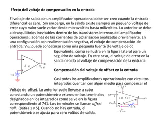 Efecto del voltaje de compensación en la entrada El voltaje de salida de un amplificador operacional debe ser creo cuando la entrada diferencial es cero.  Sin embargo, en la salida existe siempre un pequeño voltaje de error cuyo valor suele variar desde microvoltios hasta milivoltios. Lo anterior se debe a desequilibrios inevitables dentro de los transistores internos del amplificador operacional, además de las corrientes de polarización analizadas previamente. En una configuración con realimentación negativa, el voltaje de compensación de entrada, V IO , puede concebirse como una pequeña fuente de voltaje de dc  Equivalente, como se ilustra en la figura lateral para un seguidor de voltaje. En este caso, el voltaje de error en la salida debido al voltaje de compensación de la entrada Compensación del voltaje de offset en la entrada Casi todos los amplificadores operacionales con circuitos integrados cuentan con algún medio para compensar el  Voltaje de offset. Lo anterior suele llevarse a cabo conectando un potenciómetro externo en los terminales designados en los integrados como se ve en la figura correspondiente al 741. Los terminales se llaman  offset null .  (patas 1 y 5). Cuando no hay entrada, el potenciómetro se ajusta para cero voltios de salida. 