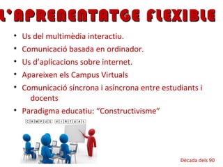• Us del multimèdia interactiu.
• Comunicació basada en ordinador.
• Us d’aplicacions sobre internet.
• Apareixen els Campus Virtuals
• Comunicació síncrona i asíncrona entre estudiants i
docents
• Paradigma educatiu: “Constructivisme”
L’APRENENTATGE FLEXIBLEL’APRENENTATGE FLEXIBLE
Dècada dels 90
 