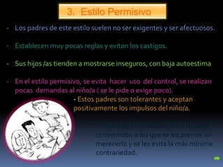 3. Estilo Permisivo
- Los padres de este estilo suelen no ser exigentes y ser afectuosos.

- Establecen muy pocas reglas y evitan los castigos.

- Sus hijos /as tienden a mostrarse inseguros, con baja autoestima

- En el estilo permisivo, se evita hacer uso del control, se realizan
  pocas demandas al niño/a ( se le pide o exige poco).
                      - Estos padres son tolerantes y aceptan
                      positivamente los impulsos del niño/a.

-                             - Propio de este estilo son los hijos/as
                              consentidos a los que se les premia sin
                              merecerlo y se les evita la más mínima
                              contrariedad.
 