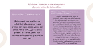 Libertad Dos: "Distribuir copias".
El Software Libre en pocas ofrece lo siguiente:
Libertades básicas del Software Libre
Q...