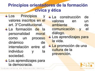 Principios orientadores de la formación
cívica y ética
Los Principios y
valores inscritos en el
art. 3°Constitucional.
La formación de la
personalidad moral
como un proceso
dinámico de
interrelación entre el
individuo y la
sociedad.
Los aprendizajes para
la democracia.
La construcción de
valores en un
ambiente de
comunicación y el
diálogo.
Los aprendizajes para
la vida.
La promoción de una
cultura de la
prevención.
 