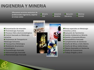 Ofrecemos servicios exclusivos de
          profesionales Ingenieros, experto   Minería   Industrial     Ejecución       Eléctrica
          en áreas como:                      Civil     Metálica      Mecánica         Forestal




 Concentración de minerales                                           Temas especiales en Metalurgia
  Pirometalurgia Avanzada                                            Extractiva y otros
  Procesos Hidro-electrometalúrgicos                                  Evaluación de Yacimientos
  Control Avanzado en Metalurgia                                       Gestión Ambiental en Minería
Extractiva                                                             Gestión y Economía Minera
  Fenómenos de Transporte en                                           Geoestadística Avanzada
Metalurgia Extractiva                                                  Complementos de Geotecnia
  Físicoquímica Metalúrgica                                            Diseño de Minas a Cielo Abierto
  Modelación de procesos                                               Diseño de Minas Subterráneas
mineralúrgicos                                                         Tópicos Avanzados en Geotecnia
  Pirometalurgia Avanzada                                              Diseño de Excavaciones
  Hidrometalurgia Avanzada                                             Trabajo Dirigido y otros
  Electrometalurgia Avanzada
 