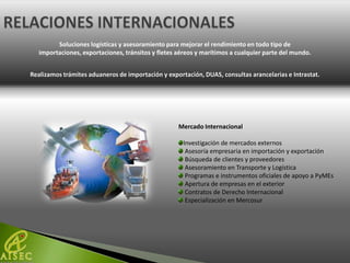 Soluciones logísticas y asesoramiento para mejorar el rendimiento en todo tipo de
   importaciones, exportaciones, tránsitos y fletes aéreos y marítimos a cualquier parte del mundo.


Realizamos trámites aduaneros de importación y exportación, DUAS, consultas arancelarias e Intrastat.




                                                    Mercado Internacional

                                                     Investigación de mercados externos
                                                      Asesoría empresaria en importación y exportación
                                                      Búsqueda de clientes y proveedores
                                                      Asesoramiento en Transporte y Logística
                                                      Programas e instrumentos oficiales de apoyo a PyMEs
                                                      Apertura de empresas en el exterior
                                                      Contratos de Derecho Internacional
                                                      Especialización en Mercosur
 