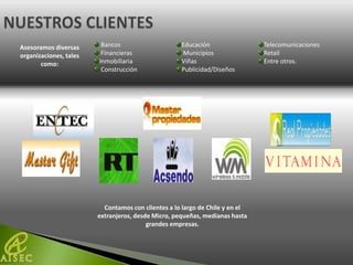 Asesoramos diversas      Bancos                     Educación                 Telecomunicaciones
organizaciones, tales    Financieras                Municipios                Retail
       como:            Inmobiliaria                Viñas                     Entre otros.
                         Construcción               Publicidad/Diseños




                          Contamos con clientes a lo largo de Chile y en el
                        extranjeros, desde Micro, pequeñas, medianas hasta
                                         grandes empresas.
 