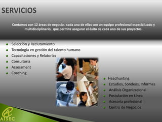 Contamos con 12 áreas de negocio, cada una de ellas con un equipo profesional especializado y
      multidisciplinario, que permite asegurar el éxito de cada uno de sus proyectos.



Selección y Reclutamiento
Tecnología en gestión del talento humano
Capacitaciones y Relatorías
Consultoría
Assessment
Coaching
                                                              Headhunting
                                                              Estudios, Sondeos, Informes
                                                              Análisis Organizacional
                                                              Postulación en Línea
                                                              Asesoría profesional
                                                              Centro de Negocios
 