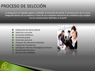 Le otorgamos un respaldo seguro y confiable al momento de decidir la incorporación de un nuevo
integrante dentro de su empresa a través de una completa evaluación de candidatos que cumplan
                          con las características definidas en el perfil




           Publicación de oferta laboral
           Selección curricular
           Entrevista telefónica
           Entrevista grupal
           Entrevista personal
           Chequeo de referencias laborales
           Evaluación Psicotécnica
           Entrega de Informes Psicológicos al cliente
           Presentación de terna
           Elección del candidato
 