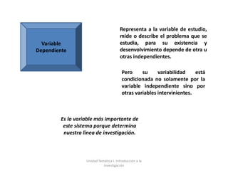 Representa a la variable de estudio,
                                        mide o describe el problema que se
  Variable                              estudia, para su existencia y
Dependiente                             desenvolvimiento depende de otra u
                                        otras independientes.

                                          Pero     su     variabilidad    está
                                          condicionada no solamente por la
                                          variable independiente sino por
                                          otras variables intervinientes.



         Es la variable más importante de
          este sistema porque determina
          nuestra línea de investigación.



                   Unidad Temática I. Introducción a la
                             Investigación
 