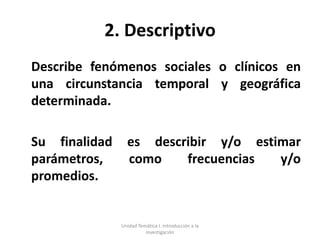 2. Descriptivo
Describe fenómenos sociales o clínicos en
una circunstancia temporal y geográfica
determinada.

Su finalidad     es describir y/o estimar
parámetros,      como    frecuencias  y/o
promedios.


               Unidad Temática I. Introducción a la
                         Investigación
 