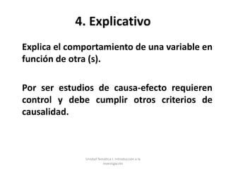 4. Explicativo
Explica el comportamiento de una variable en
función de otra (s).

Por ser estudios de causa-efecto requieren
control y debe cumplir otros criterios de
causalidad.



              Unidad Temática I. Introducción a la
                        Investigación
 