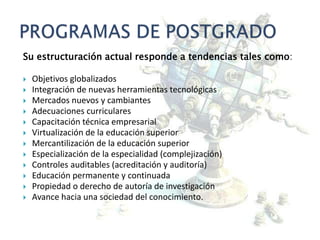 Su estructuración actual responde a tendencias tales como:
 Objetivos globalizados
 Integración de nuevas herramientas tecnológicas
 Mercados nuevos y cambiantes
 Adecuaciones curriculares
 Capacitación técnica empresarial
 Virtualización de la educación superior
 Mercantilización de la educación superior
 Especialización de la especialidad (complejización)
 Controles auditables (acreditación y auditoría)
 Educación permanente y continuada
 Propiedad o derecho de autoría de investigación
 Avance hacia una sociedad del conocimiento.
 