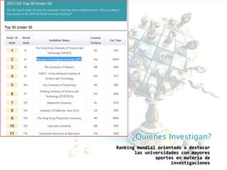 ¿Quienes Investigan?
Ranking mundial orientado a destacar
las universidades con mayores
aportes en materia de
investigaciones
 