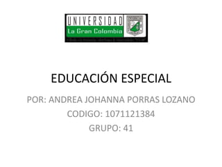 EDUCACIÓN ESPECIAL
POR: ANDREA JOHANNA PORRAS LOZANO
        CODIGO: 1071121384
             GRUPO: 41
 