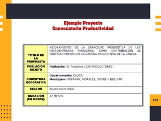 107
TITULO DE
LA
PROPUESTA
MEJORAMIENTO DE LA CAPACIDAD PRODUCTIVA DE LAS
MICROEMPRESAS PANELERAS, COMO CONTRIBUCIÓN AL
FORTALECIMIENTO DE LA CADENA PRODUCTIVA DE LA PANELA.
POBLACIÓN
OBJETO
Población: 41 Trapiches (120 PRODUCTORES)
COBERTURA
GEOGRÁFICA
Departamento: CAUCA
Municipios: POPAYÁN, MORALES, SUCRE Y BOLIVAR
SECTOR AGROINDUSTRIAL
DURACIÓN
(EN MESES):
12 MESES
 